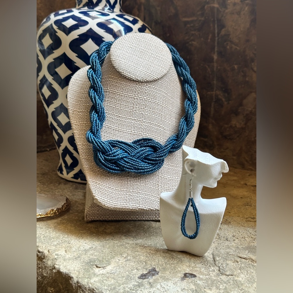 Navy Blue Seed Bead Knot Necklace Earrings